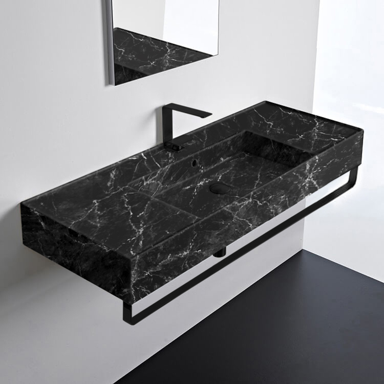 Scarabeo 5125-G-TB-BLK Wall Mounted Black Marble Design Ceramic Sink With Black Marble Design Towel Bar